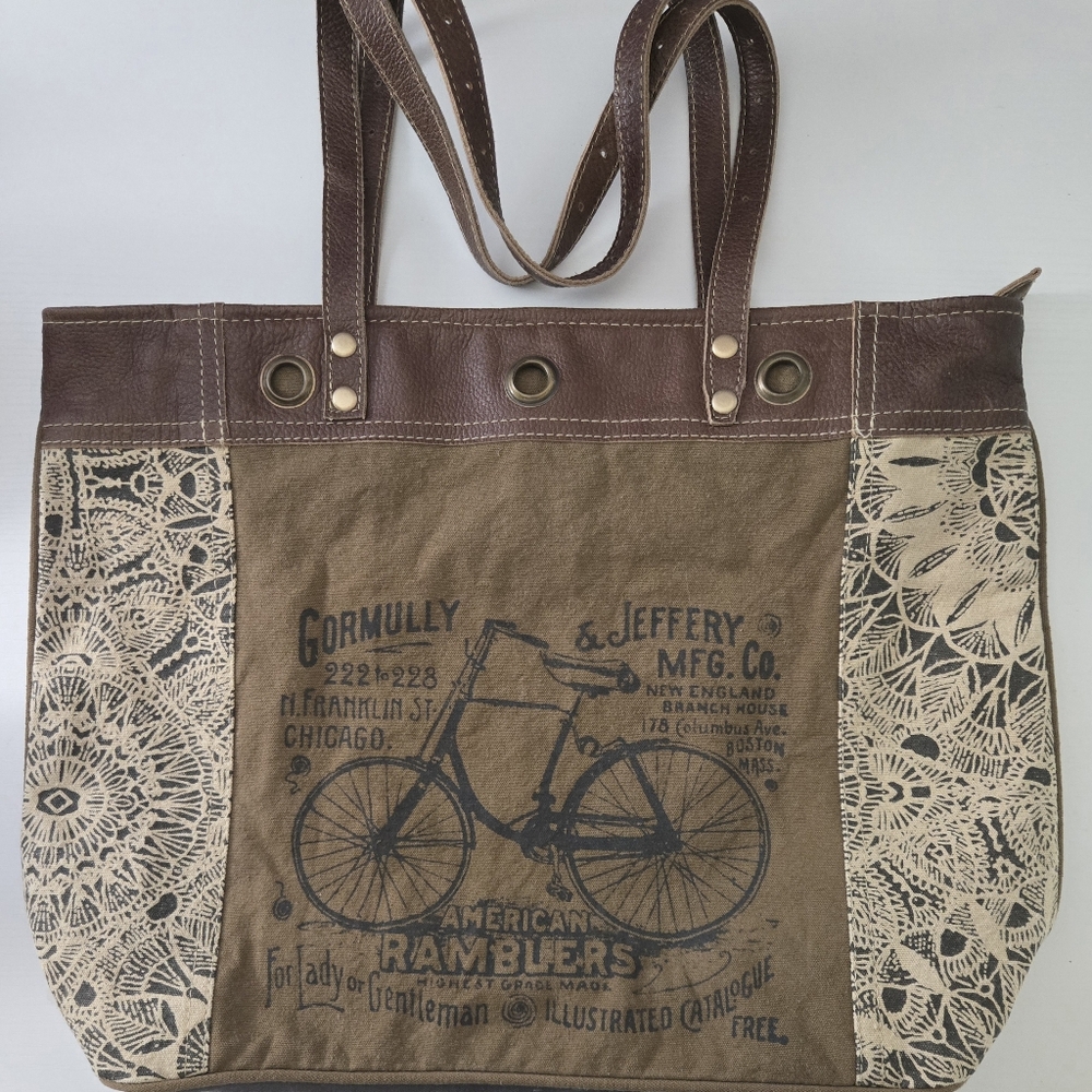 MYRA Bicycle Print Canvas/ Leather Tote Bag S-0935 18" X 13"  12"handles